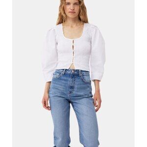 NWT GANNI Womens Smock Blouse in Cotton Poplin Button Front Bright White Size 4